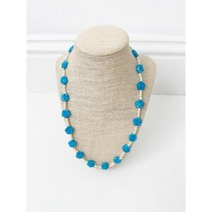 NWT Genuine Lampwork Glass & Pearls Necklace Blue White Flowers